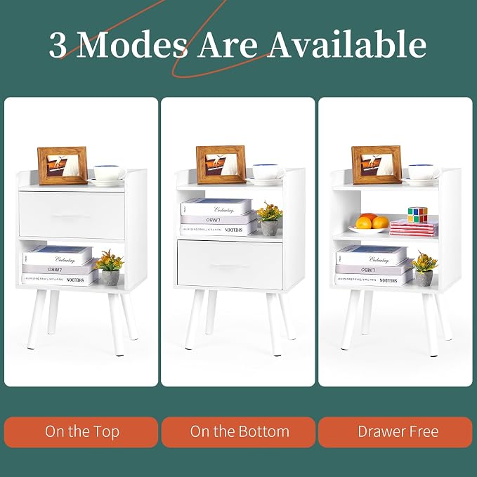 Yoobure Modern Nightstand with Drawer, Bedside Tables, Mid Century Nightstands with Open Storage Shelf, Wood Bedside Table, Small Night Stands for Bedrooms, 2-Tier Night Table