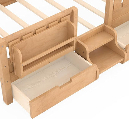 Bellemave Twin Size Kids Bed with high Rails and with Built-in Bookshelf and Drawers for Kids, Girls, Boys, Wood Montessori Bed Without Door, Light Natural