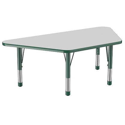 FDP Trapezoid Activity School and Classroom Kids Table (30 x 60 inch), Chunky Toddler Legs for Collaborative Seating Environments, Adjustable Height 15-24 inches - Gray Top and Green Edge