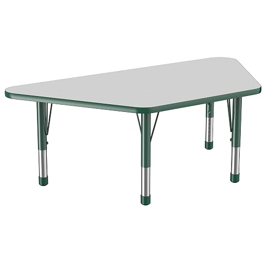 FDP Trapezoid Activity School and Classroom Kids Table (30 x 60 inch), Chunky Toddler Legs for Collaborative Seating Environments, Adjustable Height 15-24 inches - Gray Top and Green Edge