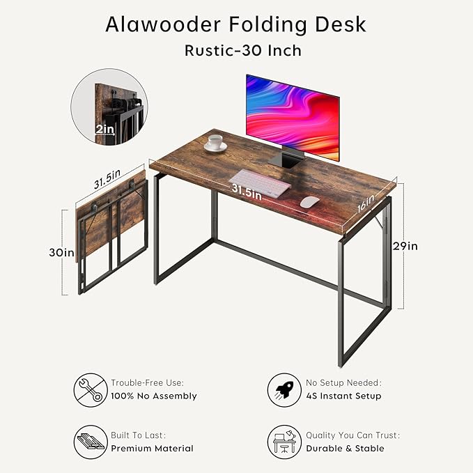 alawooder 31.5" Folding Desk: No Assembly, Wood Top for Small Spaces | Home office desk, holds 150 lbs, folds flat to 2.3 in, splash-proof wood top, sturdy metal frame