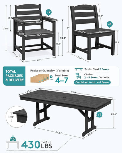 SERWALL 9 Piece 84" HDPE Outdoor Dining Set with 6 Armless Chairs, 2 Armchairs and Umbrella Hole for 8, Black