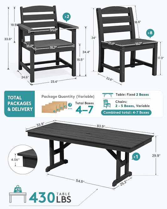 SERWALL 9 Piece 84" HDPE Outdoor Dining Set with 6 Armless Chairs, 2 Armchairs and Umbrella Hole for 8, Black