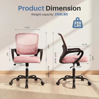 DUMOS Home Office Chair - Ergonomic Mid Back Mesh Desk Chair with Lumbar Support & Rocking Mode, Height Adjustable with Fixed Armrest, for Conference, Computer, 360° Swivel, Adults, Pink