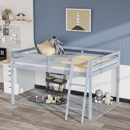VINGLI Junior Low Loft Bed with Inclined Stairs,Gray Wood Loft Bed Full Size for Adults, Kids and Young Teens, No Box Spring Required,Wood Slat Support