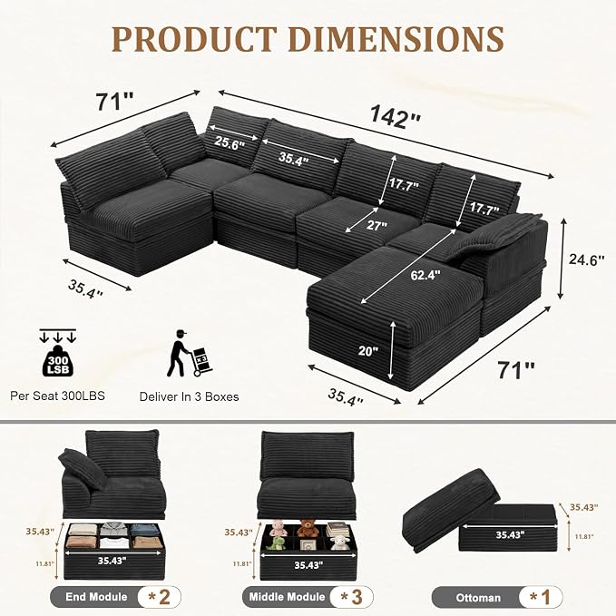 Upgrade Boneless Couch with Storage, Extra Deep&High Seat Modular Sectional Sofa 5 Seater U Shaped Couch with Ottoman, Tool-Free Assembly Sectional Couches for Living Room