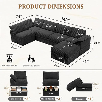 Upgrade Boneless Couch with Storage, Extra Deep&High Seat Modular Sectional Sofa 5 Seater U Shaped Couch with Ottoman, Tool-Free Assembly Sectional Couches for Living Room