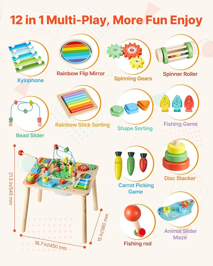 VEVOR Montessori Activity Table for Toddler 1-3 Years Old, 13 in 1 Wooden Learn Activity Desk, Baby Play Table for Boys & Girls Aged 6+ Months, Great Birthday, Christmas, Children's Day Present