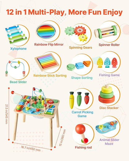 VEVOR Montessori Activity Table for Toddler 1-3 Years Old, 13 in 1 Wooden Learn Activity Desk, Baby Play Table for Boys & Girls Aged 6+ Months, Great Birthday, Christmas, Children's Day Present