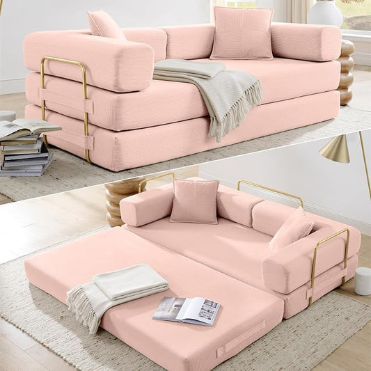 HANXIN Convertible Sleeper Sofa Bed, 78 Inch Folding Floor Mattress Couch with Fixed-Shape Frame, Futon Boneless Couch Lounge Loveseat with Pull Out Bed, No Assembly Required, Pink