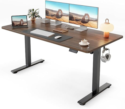 Cubiker Standing Desk, 55x28 Inches Sit Stand Home Office Desk, Electric Stand up Desk, Adjustable Desk with Splice Board, Black Frame/Black Walnut Top
