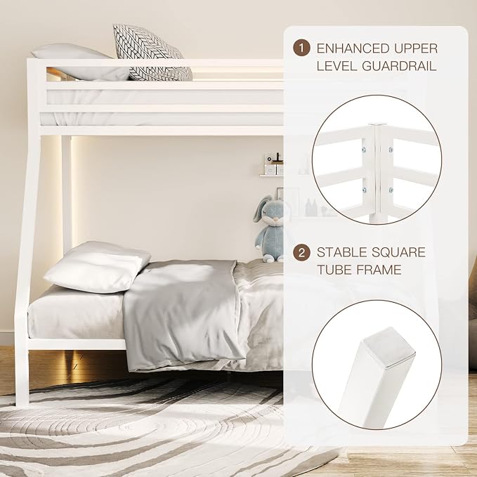 ikalido Metal Loft Bunk Bed Twin Over Full Size with Landder, Cream White | Safety Guardrail,No Box Spring Needed, Space Saving Bedroom Furniture