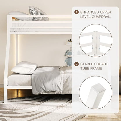 ikalido Metal Loft Bunk Bed Twin Over Full Size with Landder, Cream White | Safety Guardrail,No Box Spring Needed, Space Saving Bedroom Furniture