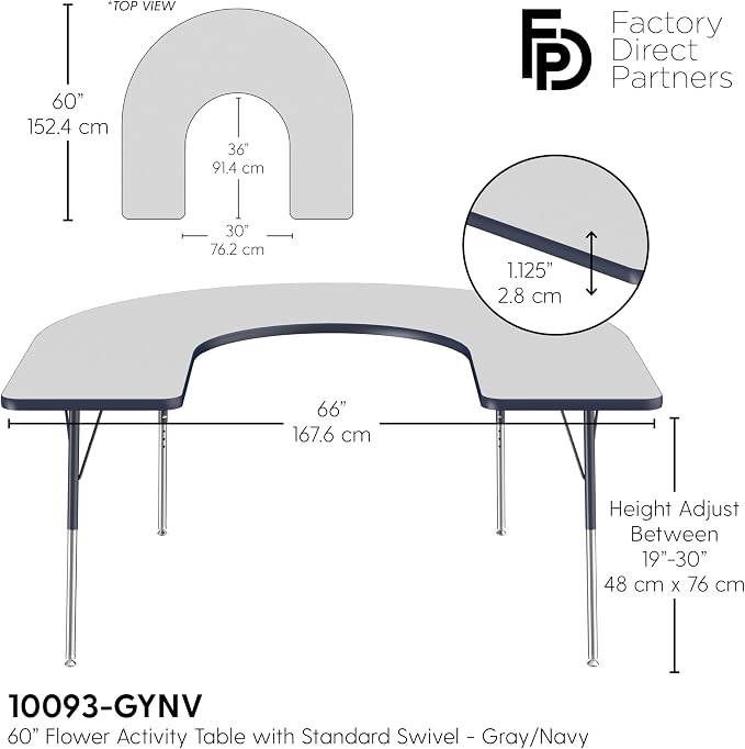 FDP Horseshoe Activity School and Office Table (60 x 66 inch), Standard Legs with Swivel Glides for Collaborative Seating Environments, Adjustable Height 19-30 inches - Gray Top and Navy Edge