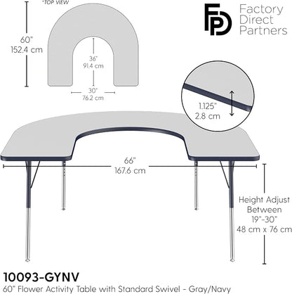 FDP Horseshoe Activity School and Office Table (60 x 66 inch), Standard Legs with Swivel Glides for Collaborative Seating Environments, Adjustable Height 19-30 inches - Gray Top and Navy Edge
