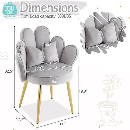 VINGLI Petal Makeup Vanity Chair with Back,Flower Cute Girls Desk Chair Comfy No Wheels,Modern Dining Chair,Small Accent Chair with Adustable Gold Legs&Bow Pillow for Home Office,Bedroom,Velvet,Grey