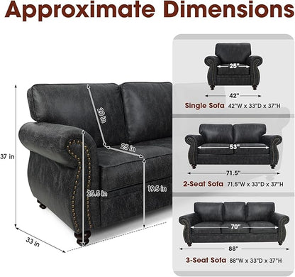 Couchus Living Room Furniture Sets,Mid-Century Vintage Sofa Couches with Rivet Design (Grey, Single+Loveseat)