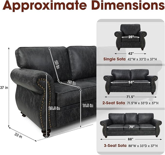 Couchus Living Room Furniture Sets,Sofa Sets and Couch Sets for Living Room,Mid-Century Vintage Sofa Couches with Rivet Design (Grey, Single+3 Seater)