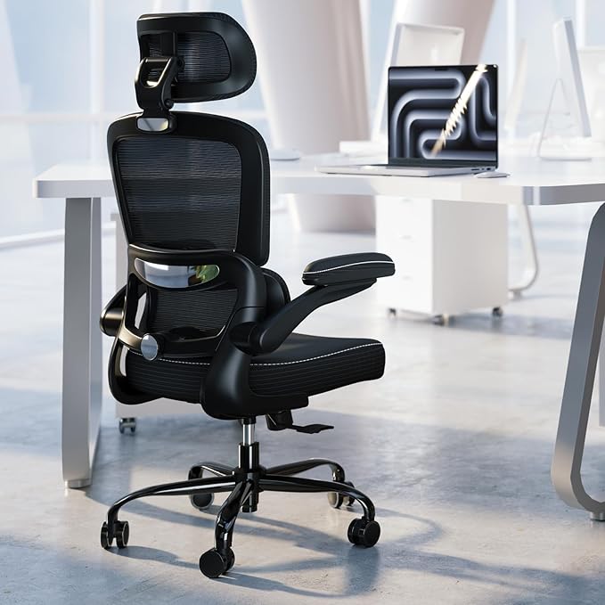 TRALT Ergonomic Office Chair - Desk Chair with Adjustable Headrest Lumbar Support Computer Chair - Mesh Comfy Chair with Flip-up Armrests - Gaming Chair for Adults Home Office PU, Black, Pack of 3
