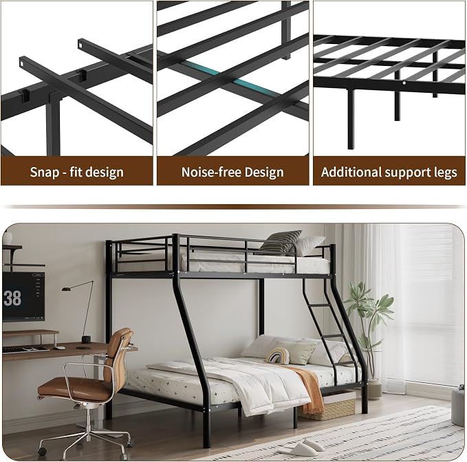 Metal Twin Over Full Bunk Bed丨 Bunk Beds Twin Over Full Size with Ladder | Heavy Duty Bunk Bed for Adults, Metal Bunk Bed for Dorm, Bedroom, Apartment, 440 lbs Capacity,No Box Spring Needed (Black）