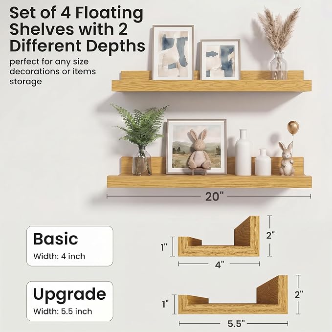 Axeman Picture Ledge Shelf | 20 Inch Floating Shelves Set of 4 | Oak Wall Shelves with Lip | Oak Picture Shelf for Wall with Ledge | Wood Photo Ledges for Living Room Bedroom