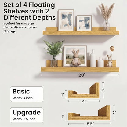 Axeman Picture Ledge Shelf | 20 Inch Floating Shelves Set of 4 | Oak Wall Shelves with Lip | Oak Picture Shelf for Wall with Ledge | Wood Photo Ledges for Living Room Bedroom