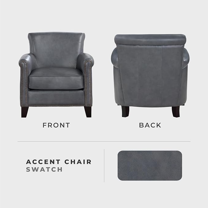 Lexicon 100% Top Grain Genuine Leather Chair, Leather Accent Chairs for Living Room, Solid Wood Frame, Rolled Armrest & Nailhead Trim, Comfy Reading for Bedroom, Office, Waiting Room, Burnish Gray