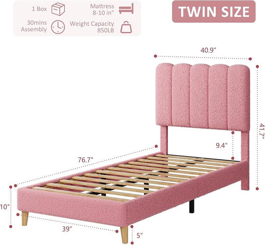 GarveeHome Twin Bed Frame, Upholstered Platform Bed with Wave Headboard for Girls/Kids, Easy Assembly, Wooden Slats Support, No Box Spring Needed, Boucle Pink