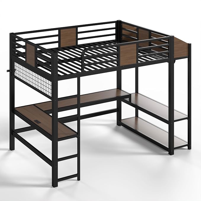 Bellemave Full Size Loft Bed with Desk and USB Ports, Clothes Hanging Rod, LED, Metal Full Loft Bed Frame for Adults, Kids, Teens, Black