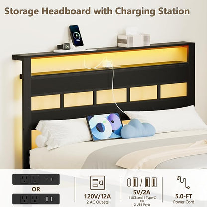 Furnulem Full Size Bed Frame with LED Light and Charging Station, Wood Storage Headboard with 2-Tier Shelves, Metal Platform Bed with Heavy Duty Slats Support, No Box Spring Needed, Black Oak