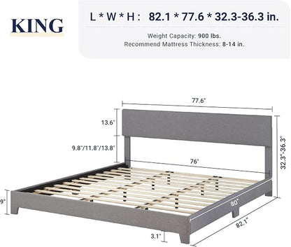 Allewie King Size Platform Bed Frame with Adjustable Upholstered Headboard, Strong Wood Slats, Heavy Duty Mattress Foundation, No Box Spring Needed, Noise-Free, Easy Assembly, Light Grey