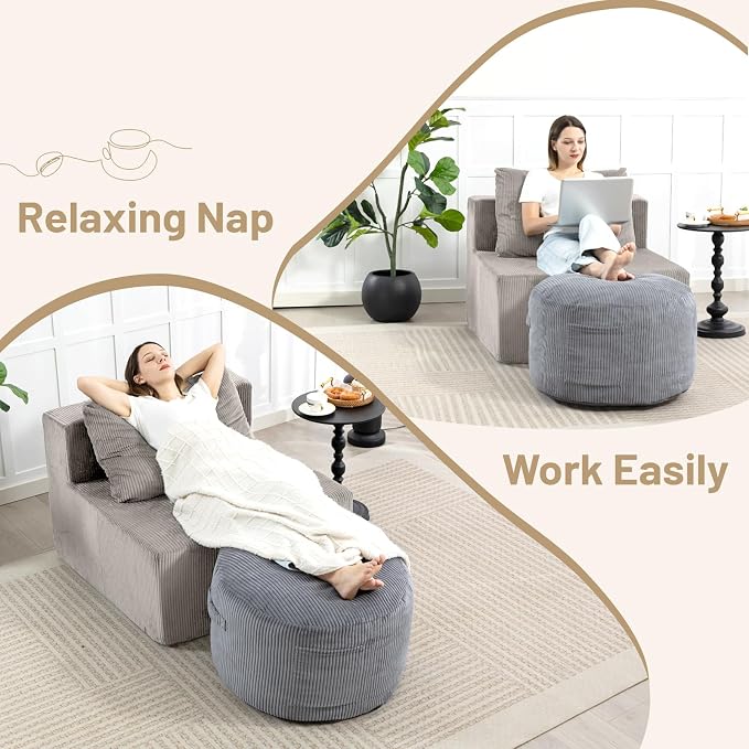 Round Stuffed Pouf Ottoman,Corduroy Foot Rest with Rebound Foam Filled, Furry and Fluffy Foot Stool Ottoman, Floor Poufs for Living Room (Gray, 26" D x 26" W x 18" H)