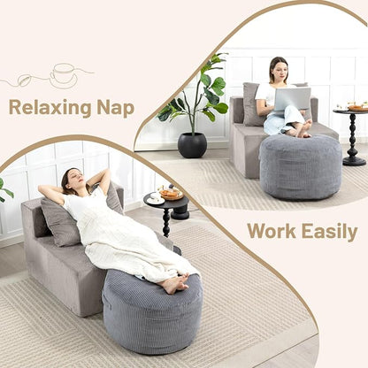 Round Stuffed Pouf Ottoman,Corduroy Foot Rest with Rebound Foam Filled, Furry and Fluffy Foot Stool Ottoman, Floor Poufs for Living Room (Gray, 26" D x 26" W x 18" H)