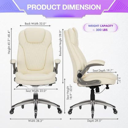 COLAMY Ivory Leather High Back Executive Office Chair, Ergonomic Desk Chair with Flip-up Arms, Thick Cushion, Silent Nylon Wheels, Adjustable Height & Rocking Function, 300lbs Capacity
