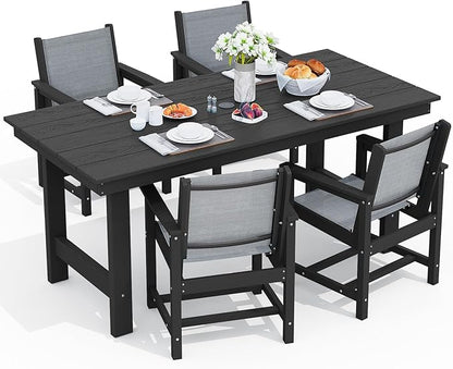 SERWALL 5 Piece Patio Dining Sets, Outdoor HDPE Dining Furniture Set with Umbrella Hole Cut-Out Table and 4 Woven Chairs, Black