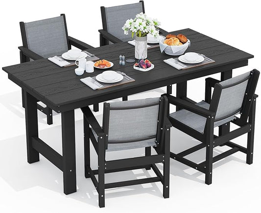 SERWALL 5 Piece Patio Dining Sets, Outdoor HDPE Dining Furniture Set with Umbrella Hole Cut-Out Table and 4 Woven Chairs, Black