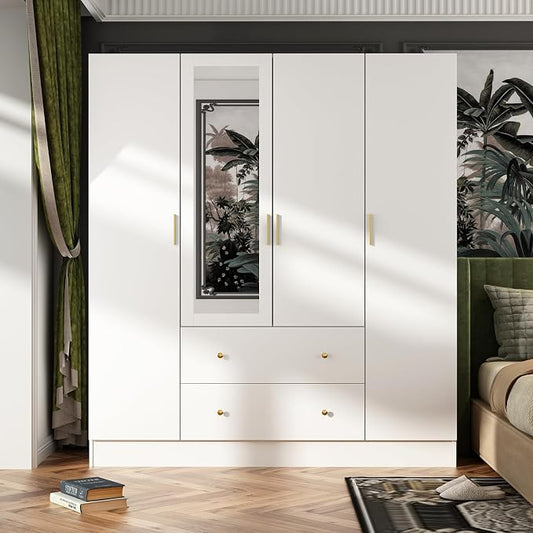 FUNSIR 4 Doors Bedroom Wardrobe, Wood Armoire with Mirror, 2 Clothes Hanging Rails, 5 Storage Shelves and 2 Drawers, 63" Wide Bedroom Storage Unit Clothes Organizer, White(70.9" H)