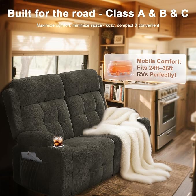 Reclining Loveseat, 55.1" RV PU Leather Wall Hugger Recliner Love Seats Sofa with Charging Station, Removable Armrest, Cup Holder, Double Recliners Couch, Manual Love Seat for Living Room