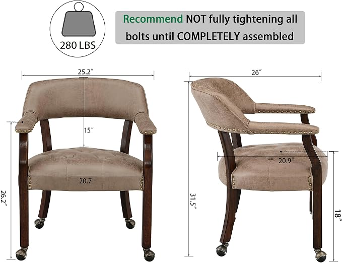 LEEMTORIG Dining Chairs with Casters and Arms, Rolling Dining Chairs with Wheels for Elderly, Ergonomic Wide Seat Wooden Office Desk Chair, 26" Dx25.2 W, Espresso Legs&Yellow Brown Fabric SY-318-LT