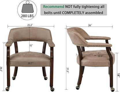 LEEMTORIG Dining Chairs with Casters and Arms, Rolling Dining Chairs with Wheels for Elderly, Ergonomic Wide Seat Wooden Office Desk Chair, 26" Dx25.2 W, Espresso Legs&Yellow Brown Fabric SY-318-LT