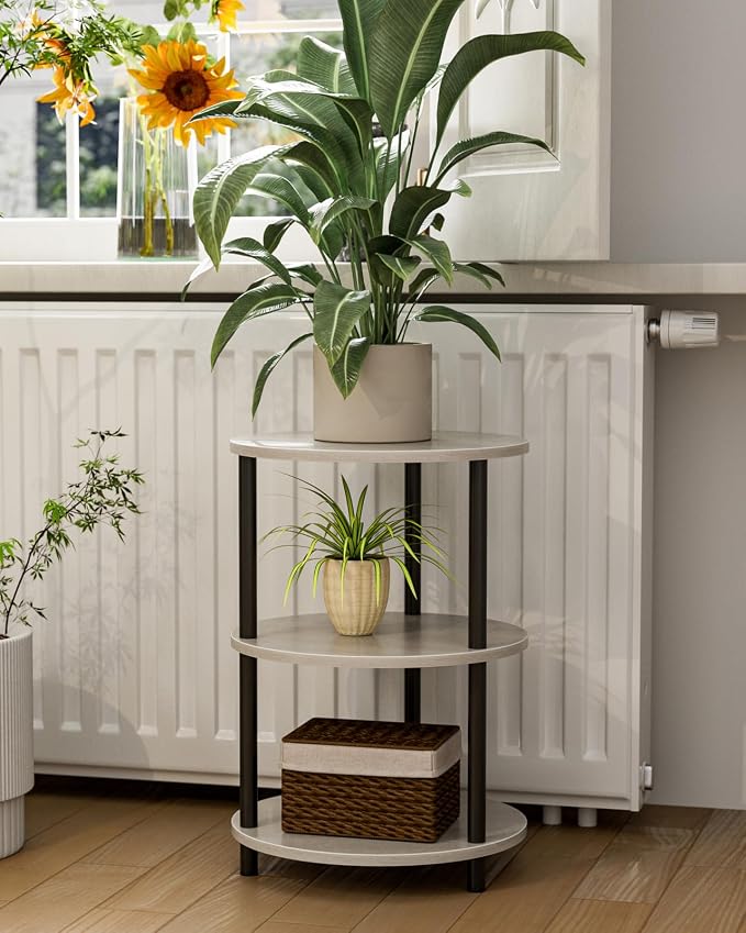 XBurmo Small Round End Table - 3 Tier Design Accent Table, Narrow Side or Bedside Stand, Industrial Vintage Nightstand for Bedroom, Living Room, or Small Spaces, Set of 2, Greige