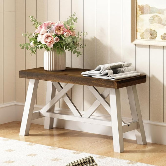 Wnutrees 30" Farmhouse Wood Bench, Rustic Solid Wood Entryway Bench Seat with Double X-Structure for Dining Area Living Room Hallway, Structural Stability, White