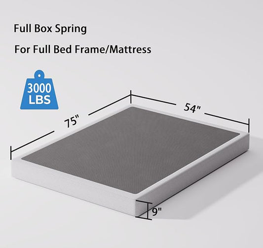 Bedsnus Full Size Box Spring and Cover Set, 9 Inch High Profile Metal BoxSpring, Heavy Duty Structure Mattress Foundation, Noise Free, Non-Slip, Easy Assembly