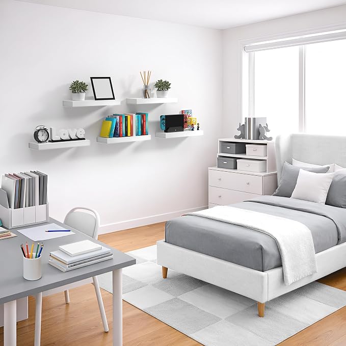 Sorbus Floating Shelves for Wall – 16 Inch Floating Shelf for Kitchen, Bedroom, Living Room, Bathroom, Home & Wall Decor - Mounted Bathroom Shelves with Invisible Brackets (White, 4 Pack)