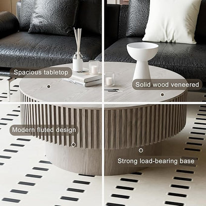 Round Coffee Table with Storage, Modern Wooden Coffee Table with Solid Wood Veneered, Circle Center Table Accent Tea Table for Living Room Apartment Small Space (31.5''L × 31.5''W × 14''H, Grey)