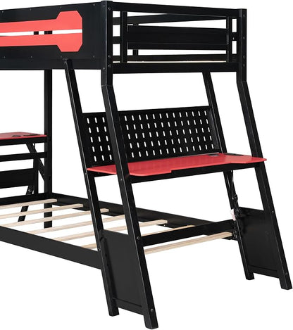 Merax Wooden Twin Over Twin Bunk Bed with 2 Side Desks, USB Desktop Ports and Pegboard Organizer, Gaming Bunk Bed for Gamer, Kids or Teens, No Box Spring Needed, Red