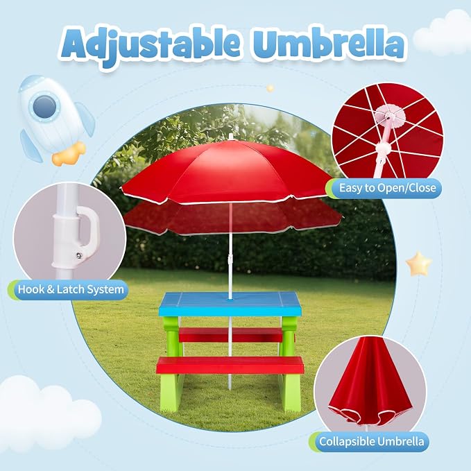 JOYMOR Kids Picnic Table with Removable Umbrella, Plastic Kids Activity Table for Outdoors, Toddler Table and Bench Set for Ages 3+, Ideal for Garden, Patio, Coloful