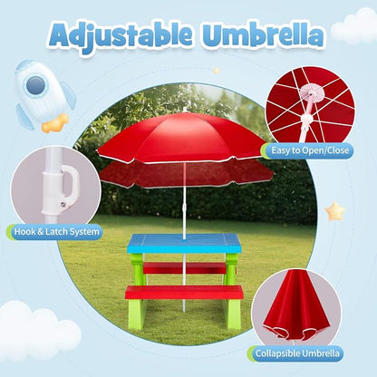 JOYMOR Kids Picnic Table with Removable Umbrella, Plastic Kids Activity Table for Outdoors, Toddler Table and Bench Set for Ages 3+, Ideal for Garden, Patio, Coloful