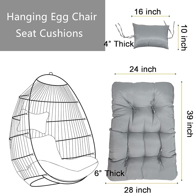 Enipate Outdoor Hanging Egg Chair Cushion, Water-Resistant Tufted Swing Basket Chairs Cushion Pads with Headrest Pillow