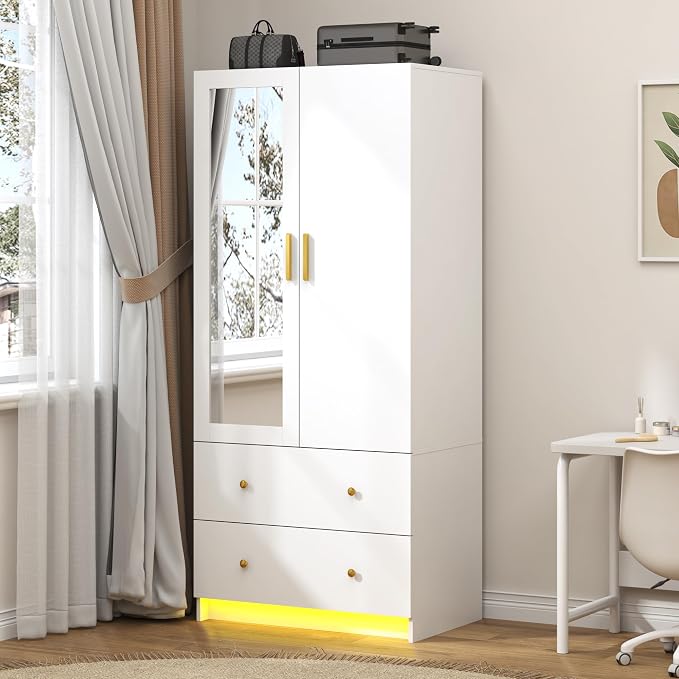 jiteentarou 2 Door Wardrobe Closet with Mirrors and LED Lights, Small Bedroom Armoire with Drawers, Modern Wooden Armoire Wardrobe Closet with Hanging Rod for Bedroom, White